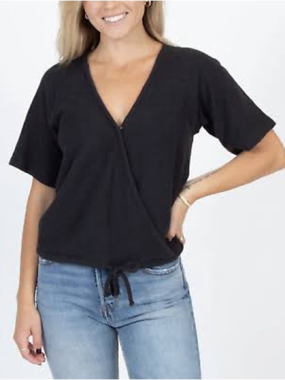 Madewell Black Short-Sleeve Wrap Tie-Front Top XS